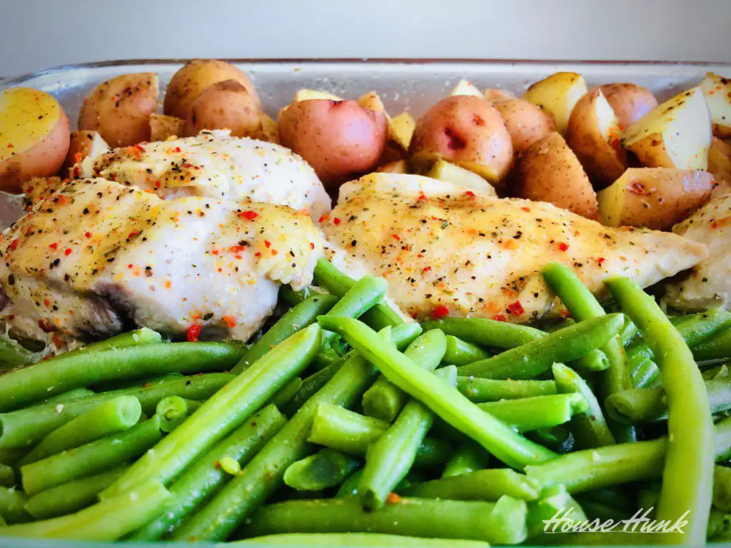 italian seasoned chicken and vegetables in baking dish