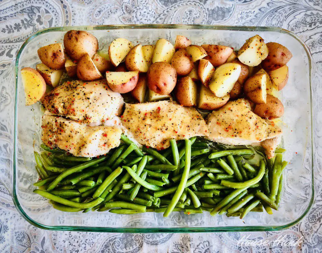 italian seasoned chicken and vegetables in baking dish