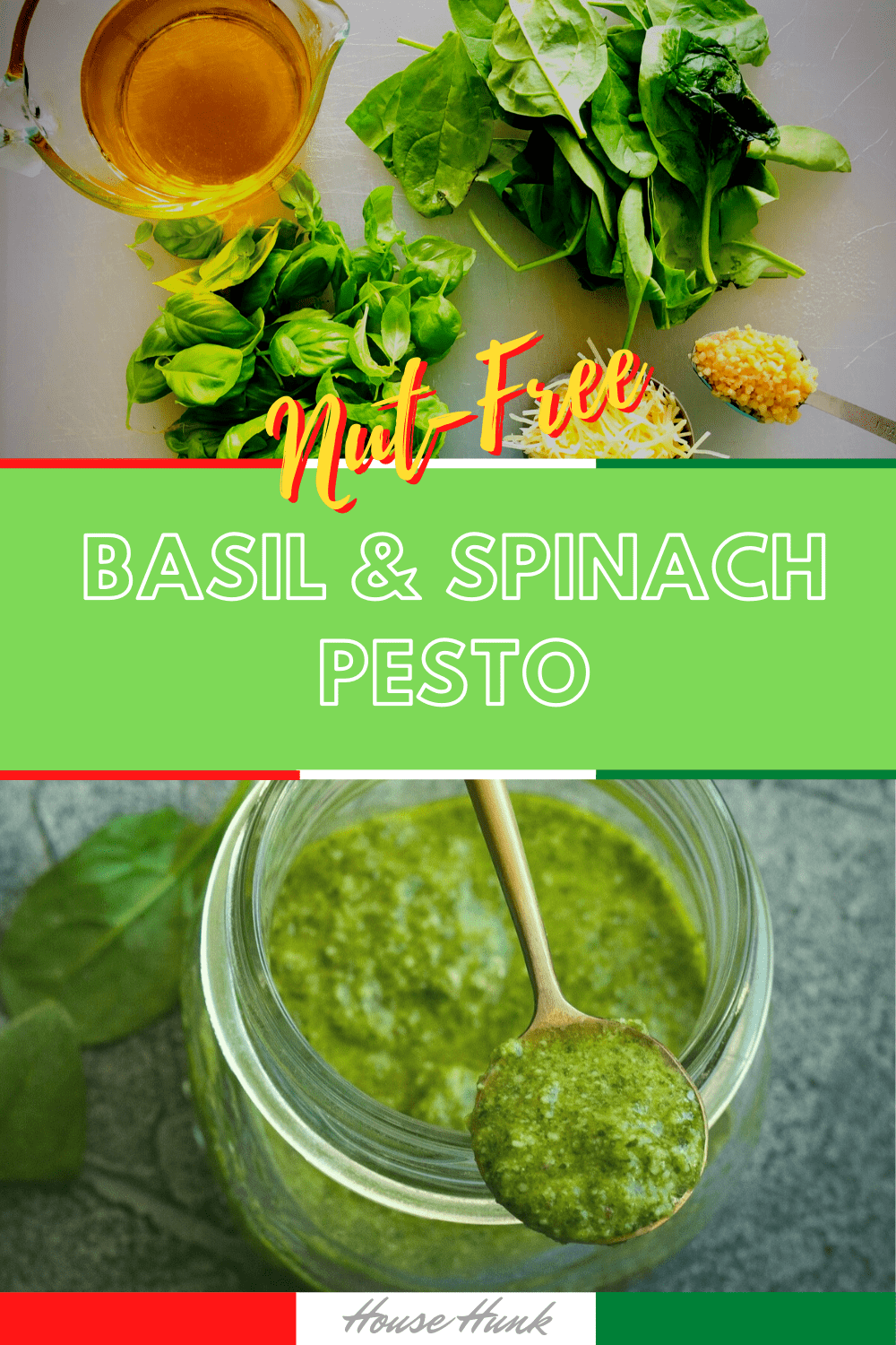 Nut-free Basil and Spinach Pesto Pinterest Pin