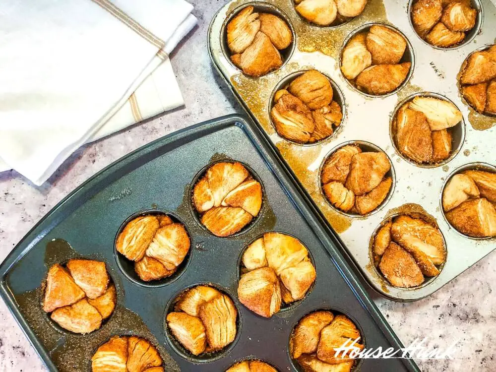 Monkey bread muffins in a muffin tin.