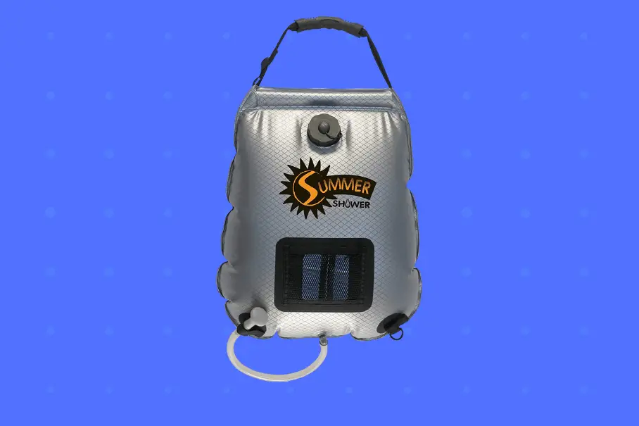A gray portable shower bag with a solar panel and a logo on a blue background