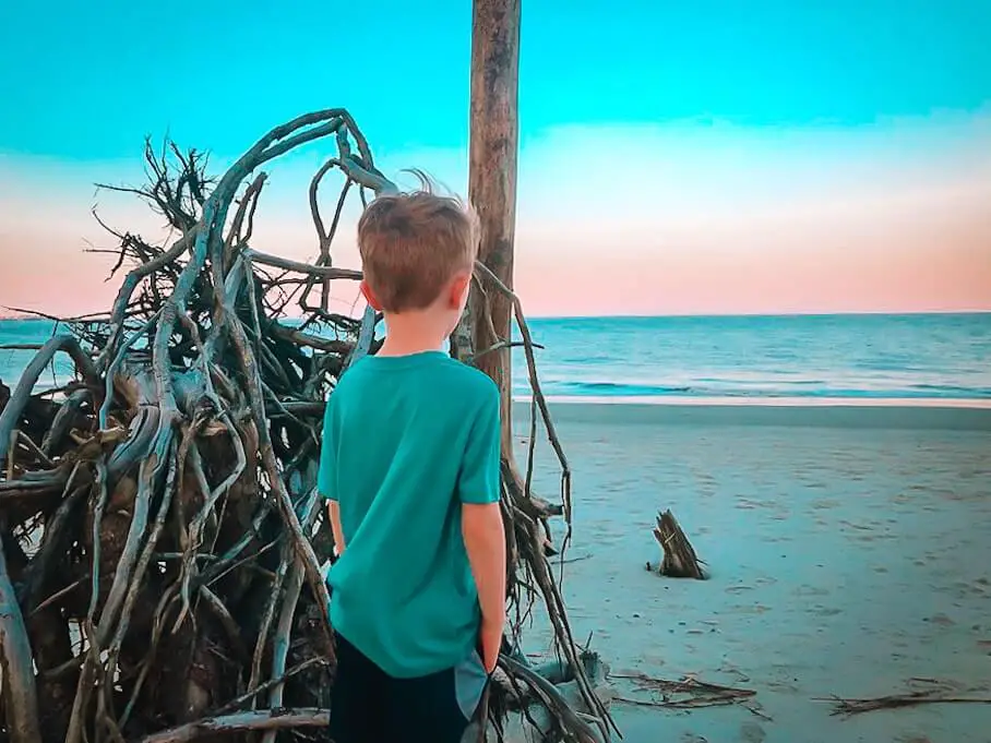 A photo of a young boy in a blue shirt standing on a beach at sunset. He is looking out at the ocean and is standing next to a large pile of driftwood. The ocean is visible in the background with small waves breaking on the shore. The sky is a gradient of orange and blue, indicating that it is sunset. The image has a dreamy, nostalgic feel to it.