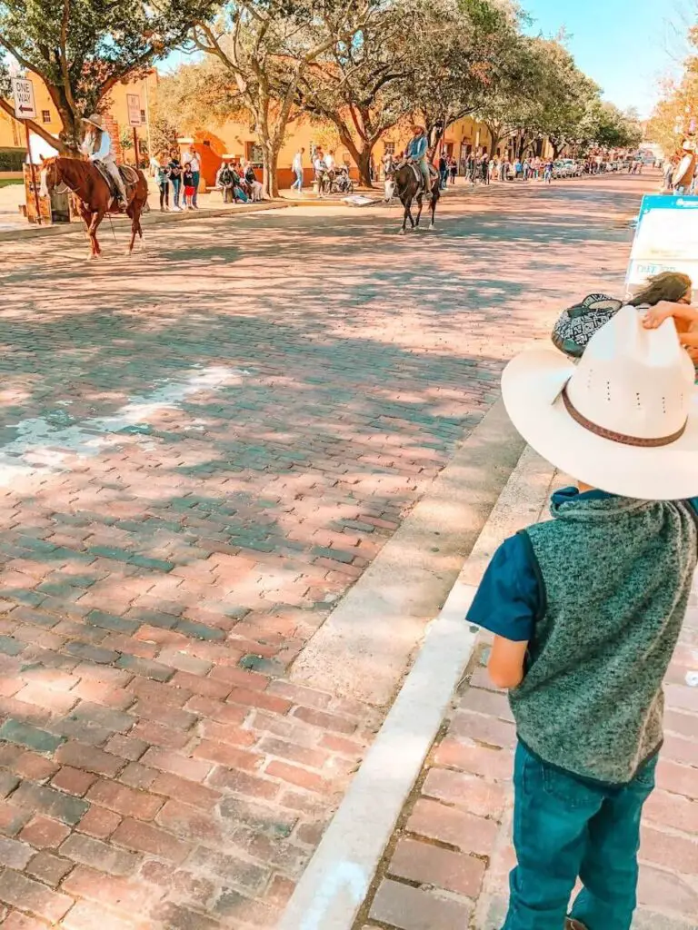 A photo realistic image of a young boy wearing a cowboy hat and a blue shirt, standing on a brick sidewalk and looking at a parade of horses. The boy is standing on the right side of the image, with his back to the camera. The parade of horses is on the left side of the image, with several horses and riders visible. The background consists of a row of buildings with orange roofs and a crowd of people watching the parade. The image has a warm, sunny tone.