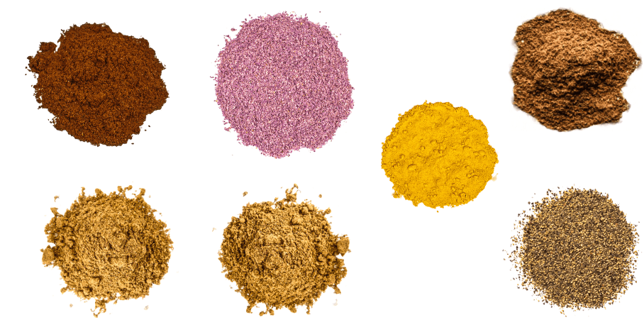 A photorealistic image of ingredients for Homemade Advieh consisting of seven piles of different spices and herbs on a white background.