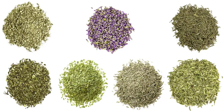 A photorealistic image of ingredients for Homemade Herbs de Provence consisting of seven piles of different spices and herbs on a white background.