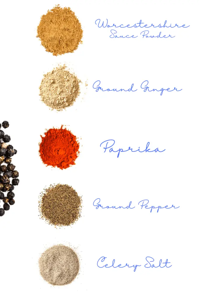 A photorealistic image of ingredients for Homemade Bloody Mary Spice consisting of six piles of different spices and herbs on a white background.