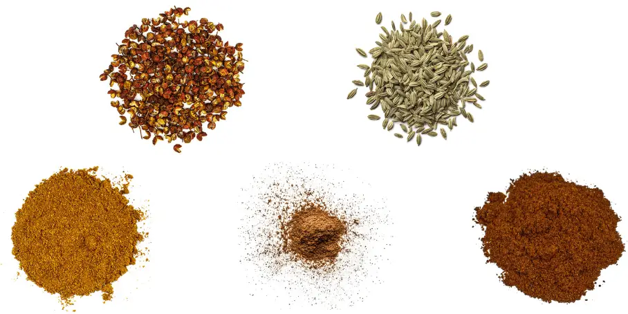A photorealistic image of ingredients for Homemade Chinese Five Spice Powder consisting of five piles of different spices and herbs on a white background.