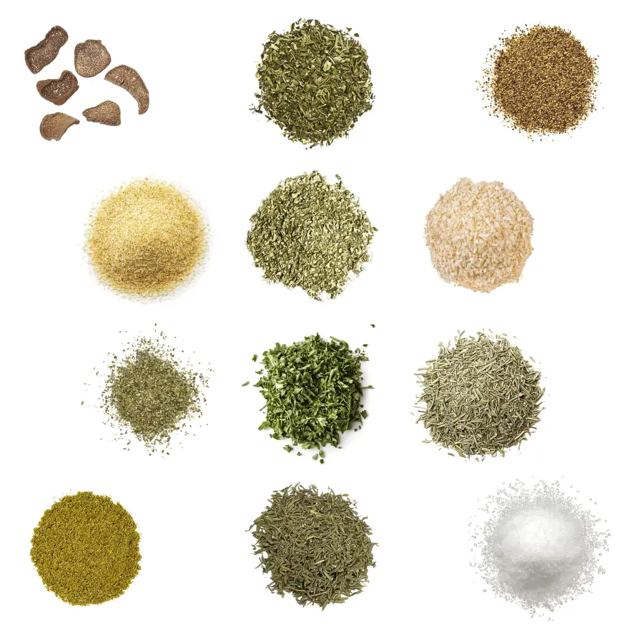 A photorealistic image of ingredients for Homemade Black Truffle Garlic Seasoning consisting of twelve piles of different spices and herbs on a white background.