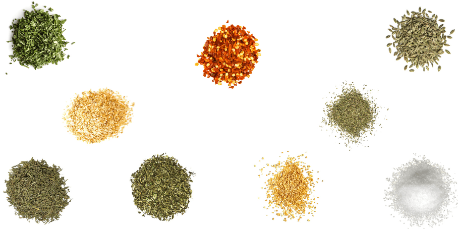 A photorealistic image of ingredients for Homemade Pizza Seasoning consisting of nine piles of different spices and herbs on a white background.