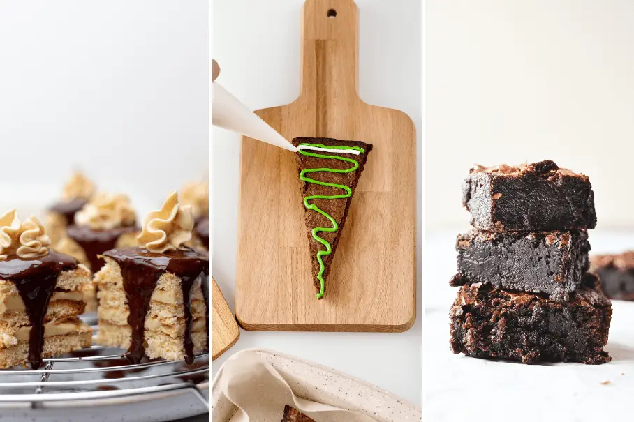 A collage of three images of chocolate and peanut butter bars, cake with green frosting, and brownies.