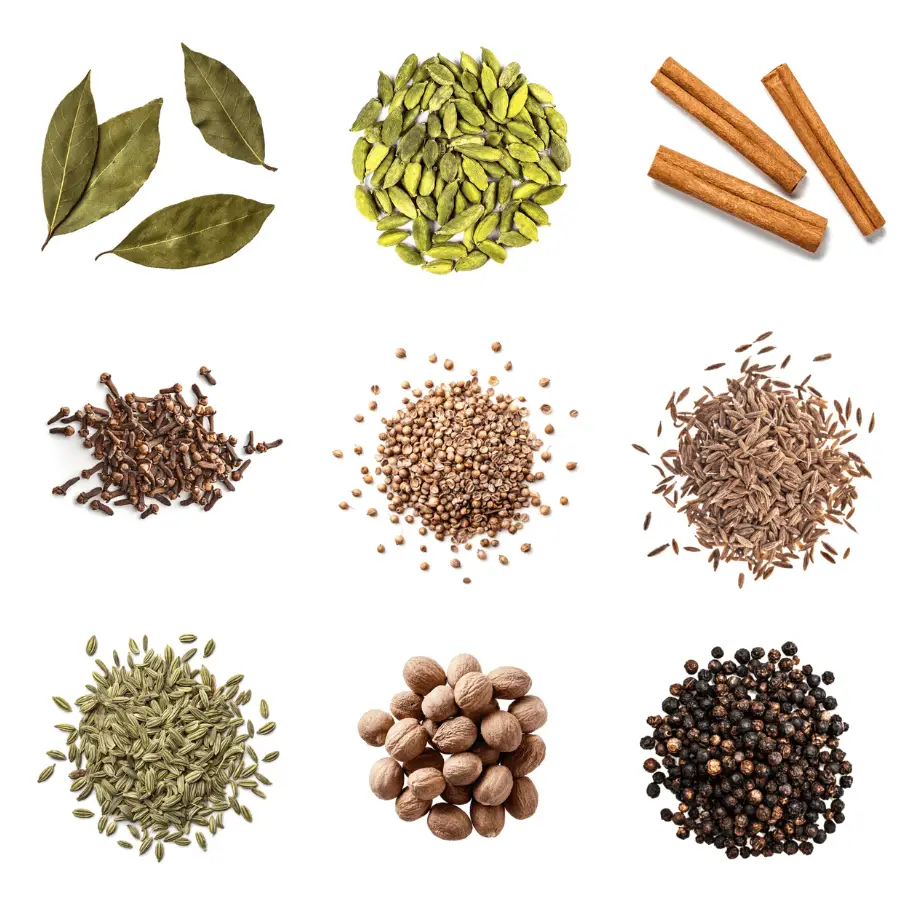 A photorealistic image of ingredients for Homemade Garam Masala Seasoning consisting of nine piles of different spices and herbs on a white background.