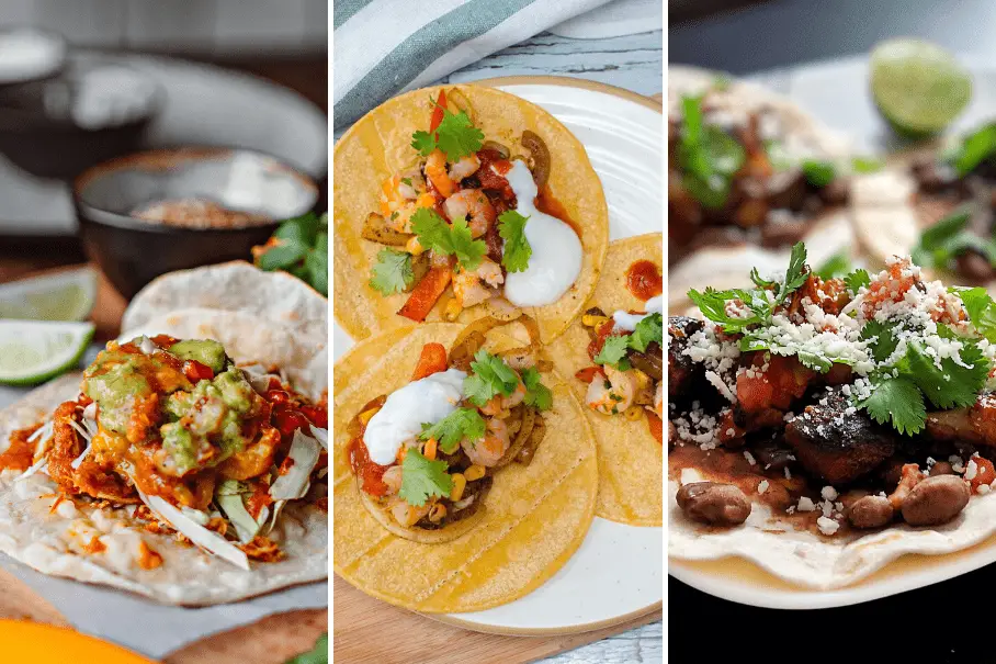 A collage of three images of tacos with different sauces and toppings on white plates