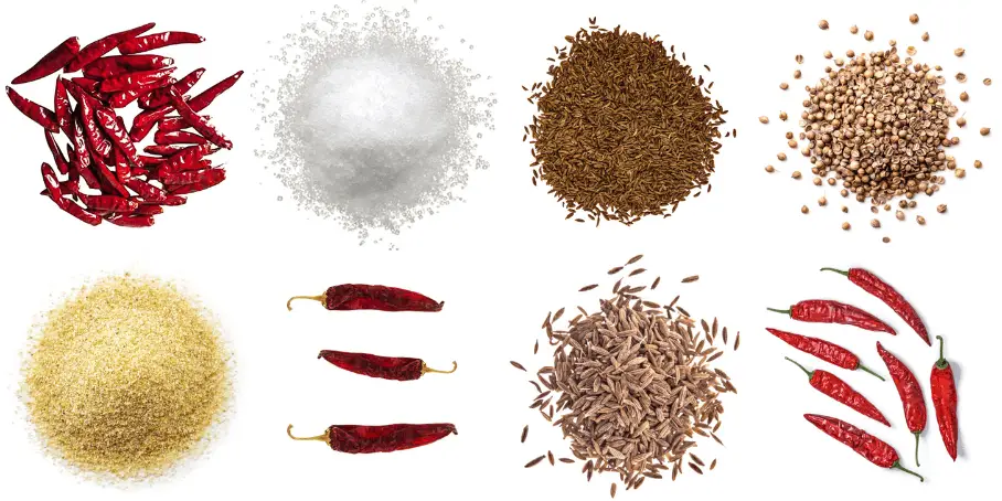 A photorealistic image of ingredients for Homemade Harissa Spice Blend consisting of eight piles of different spices and herbs on a white background.