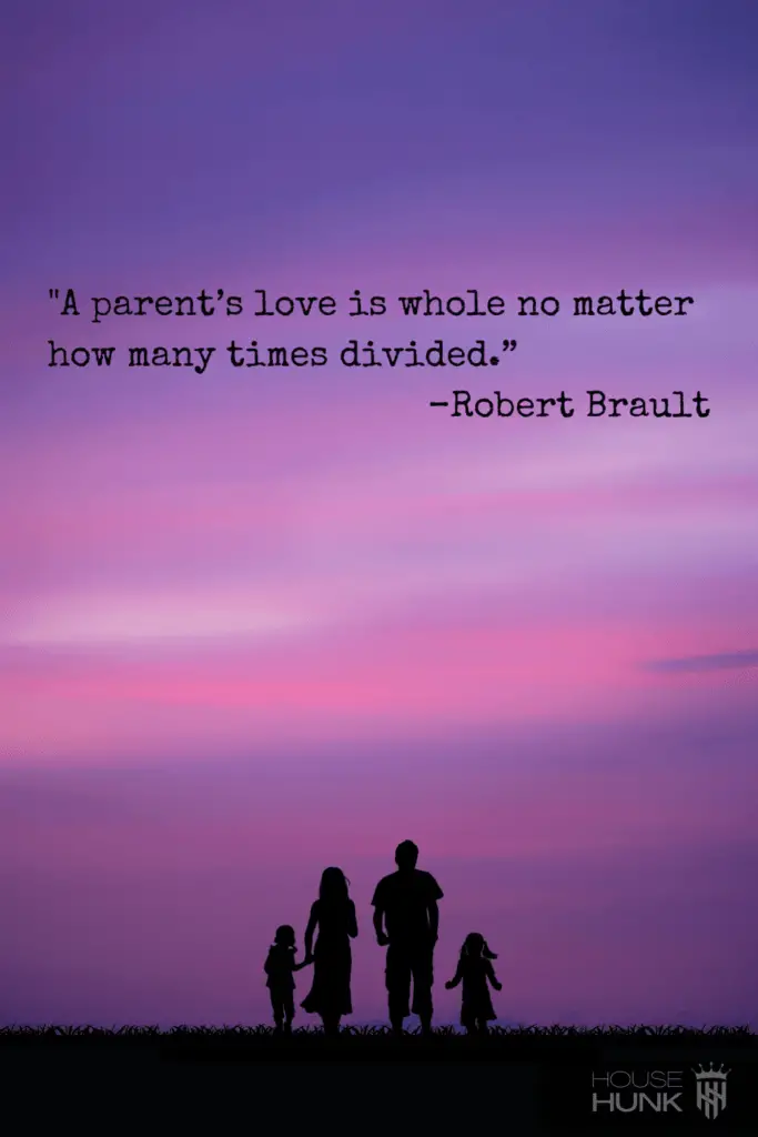 A family of four holding hands and walking in front of a pink and purple sunset sky with a quote by Robert Brault