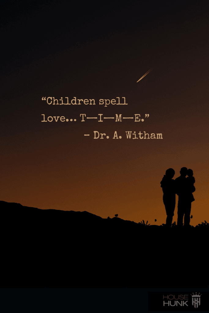 A family hugging in front of a sunset with a quote about love and a watermark