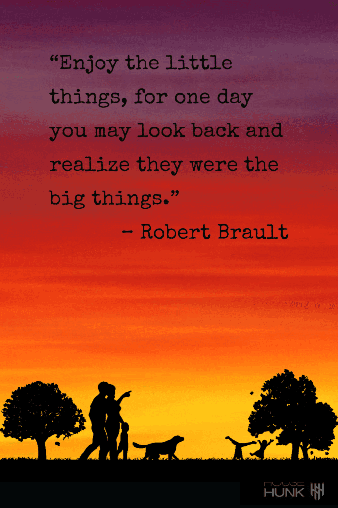 A family walking their dog in a park at sunset with a quote by Robert Brault