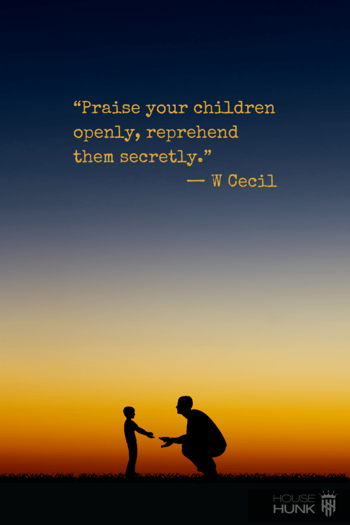 A father and son holding hands in front of a sunset with a quote by W Cecil