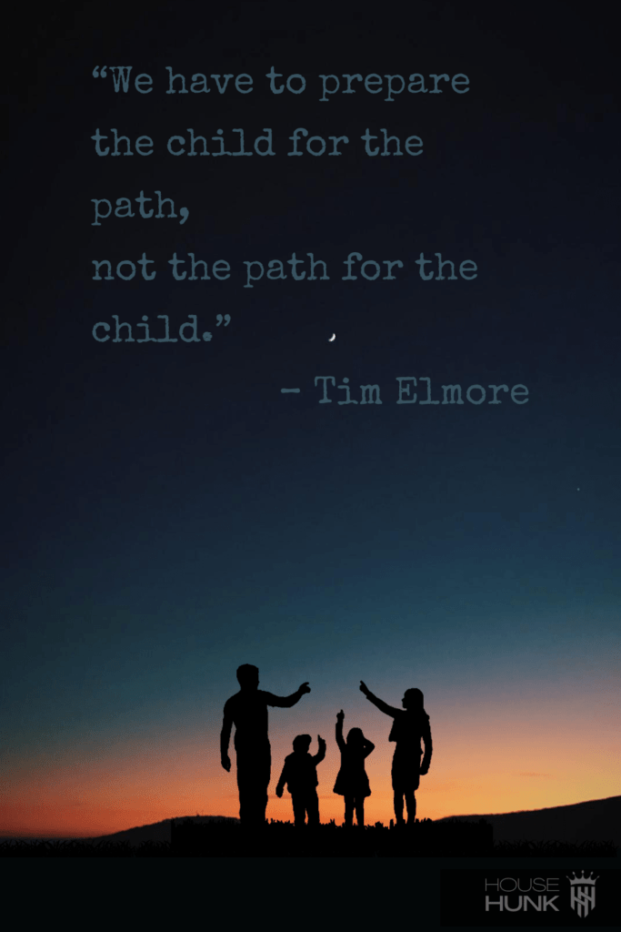A family of four silhouetted on a hill with a sunset sky and a quote by Tim Elmore