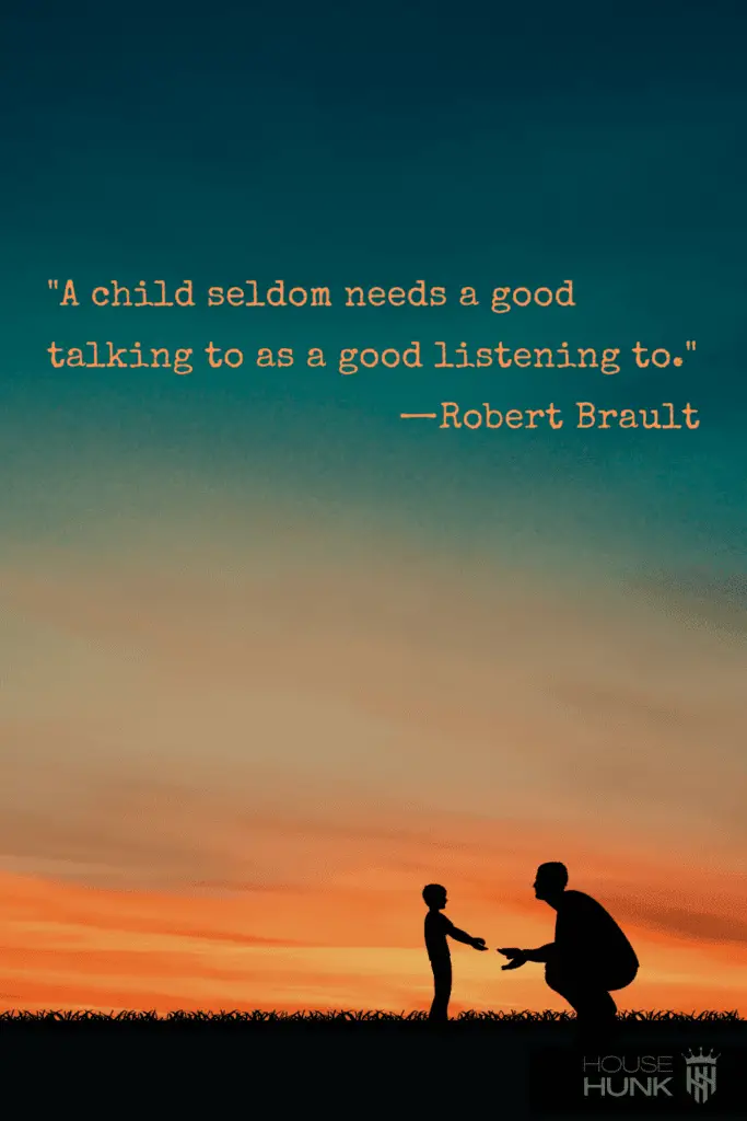 A silhouette of a child and an adult sitting on a hill at sunset with a quote by Robert Brault