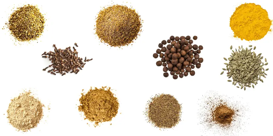 A photorealistic image of ingredients for Homemade Kabsa Seasoning consisting of ten piles of different spices and herbs on a white background.