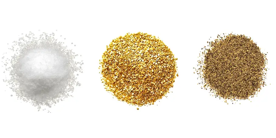 A photorealistic image of ingredients for Homemade Lemon Pepper Spice Seasoning consisting of three piles of different spices and herbs on a white background.