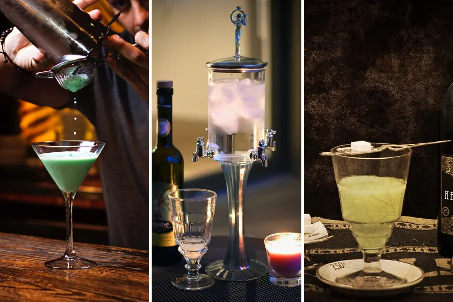 A collage of three images of absinthe cocktails being poured, dispensed, and served in a bar