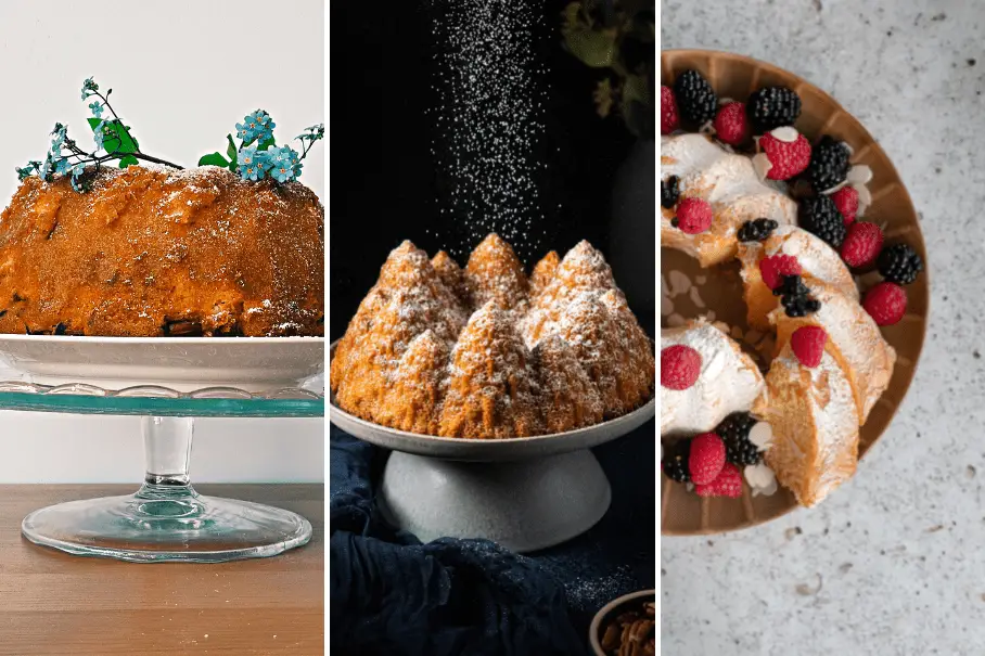 A collage of three images of different types of cakes. The first image is of a light brown cake with blue flowers on a glass cake stand. The second image is of a dark brown cake with powdered sugar being sprinkled on a white cake stand. The third image is of a light brown cake with raspberries and blackberries on a wooden cake stand.