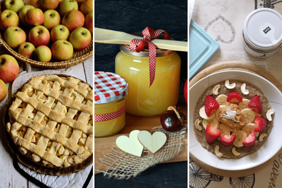A collage of three images of apples, applesauce, and oatmeal on wooden tables, with red and white checkered ribbons and heart-shaped coasters as decorations.