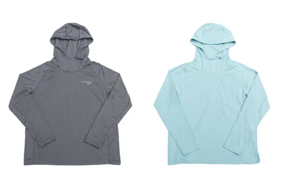 Light blue and grey Give'r Solstice Solar Hoodies on a white background