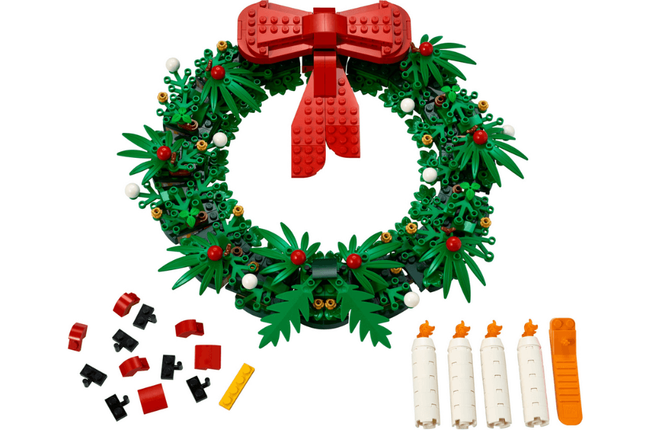 LEGO holiday wreath set on a white background