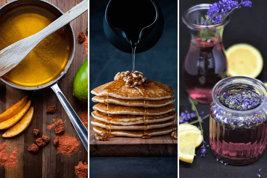 A collage of three images of syrup and pancakes, with spices, oranges, syrup, walnut, lemon, and lavender as decorations.