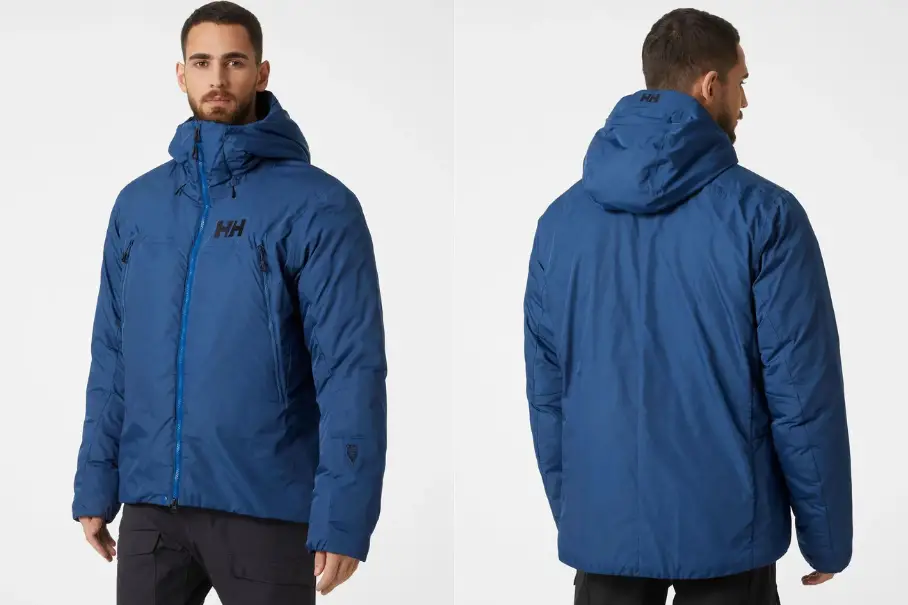 Close-up front and back views of a male model wearing a blue Helly Hansen Men's Lifa Pro Belay Insulated Jacket.