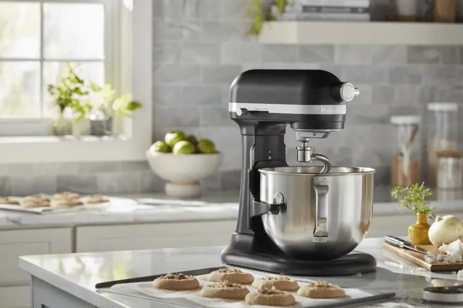 A KitchenAid 7 Qt Bowl-Lift Stand Mixer sits atop a kitchen counter, beside a tray of freshly-baked cookies.