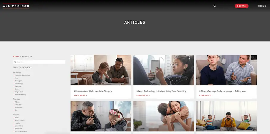 A screenshot of the articles section of the All Pro Dad website with three articles with images and titles and a menu with different categories