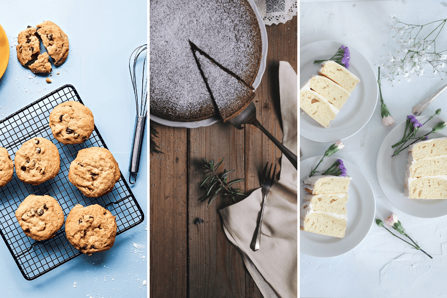 A collage of three images of baked goods. The first image is of chocolate chip cookies on a cooling rack. The second image is of a round cake with powdered sugar on a wooden table. The third image is of slices of a layered cake with white frosting and purple flowers on a white plate.