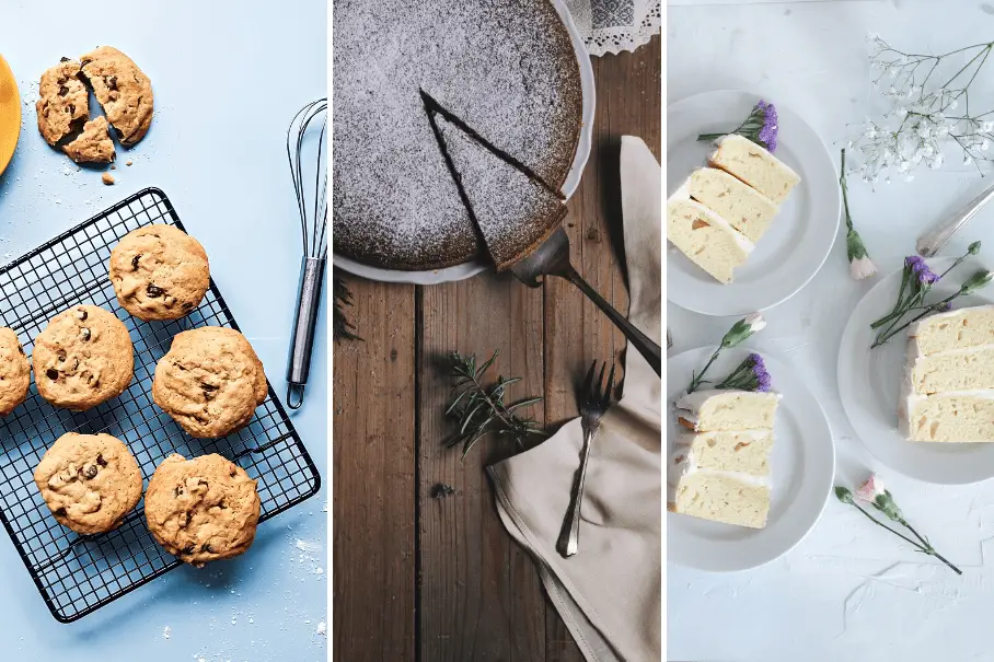 A collage of three images of baked goods. The first image is of chocolate chip cookies on a cooling rack. The second image is of a round cake with powdered sugar on a wooden table. The third image is of slices of a layered cake with white frosting and purple flowers on a white plate.