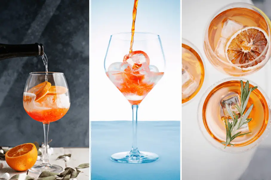 A collage of three images of cocktail drinks being prepared and served. The first image shows a black bottle pouring a clear liquid into a large wine glass with an orange slice and ice cubes. The second image shows an orange liquid being poured into a same glass. The third image shows drinks with an orange slice, a sprig of rosemary, and ice cubes.