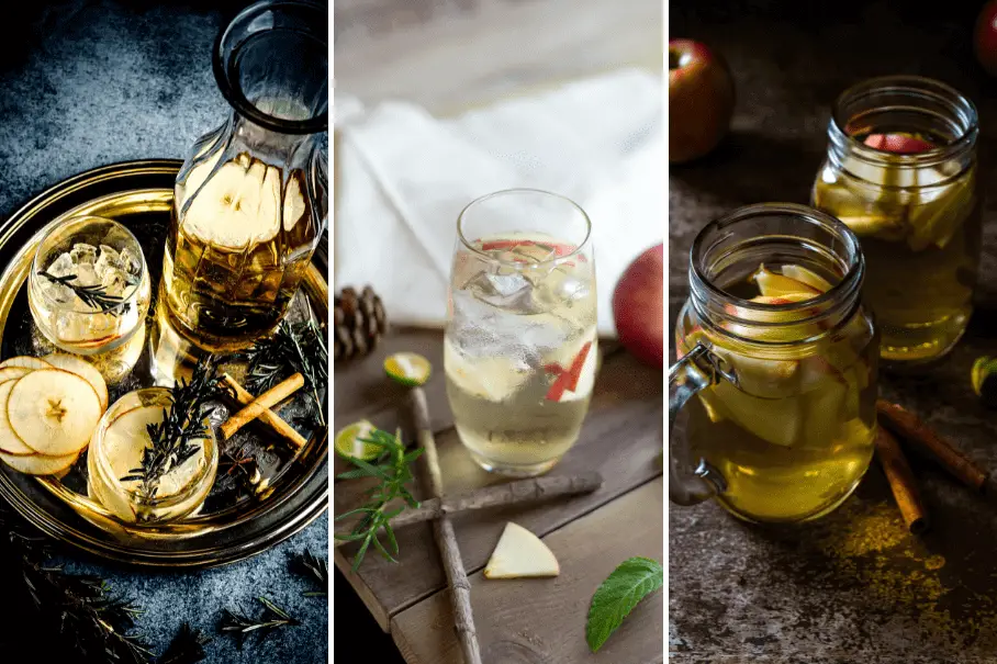 A collage of three images of different types of apple cider cocktails in glasses. The first image is of a jar of apple cider with sliced apples, cinnamon sticks and star anise. The second image is of a glass of clear liquid, apple chunks, and mint leaves. The third image is of a jar of iced cider with sliced apples and cinnamon sticks. All three images have a dark and moody aesthetic.