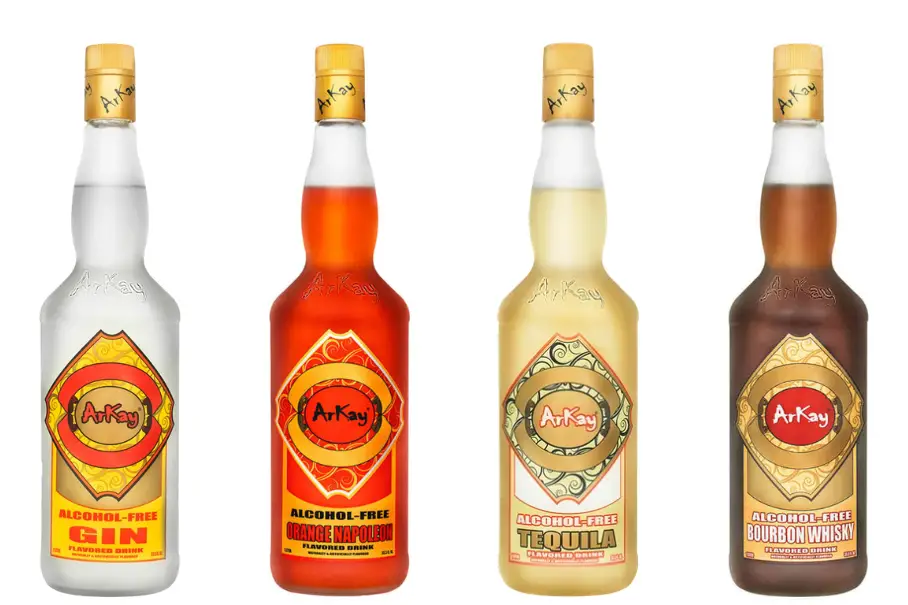 An image of four bottles of ArKay alcohol-free beverages in different flavors: Gin, Orange Napoleon, Tequila, and Bourbon Whiskey.