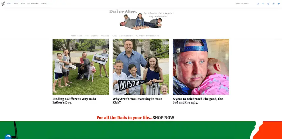 A screenshot of the Dad Or Alive website, featuring a header image with a father and children playing together