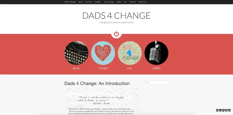 Screenshot of the Dads 4 Change website, featuring the phrase 'Changing the World One Dad at a Time