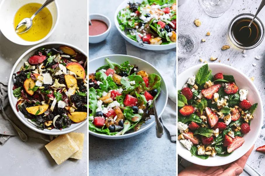 A collage of three images of salads with greens, fruits, nuts, and cheese, with dressing, a fork, and a glass of wine as accessories.