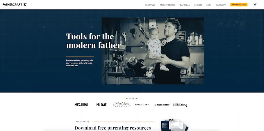 Screenshot of the Fathercraft website, featuring a blue and white design with a logo