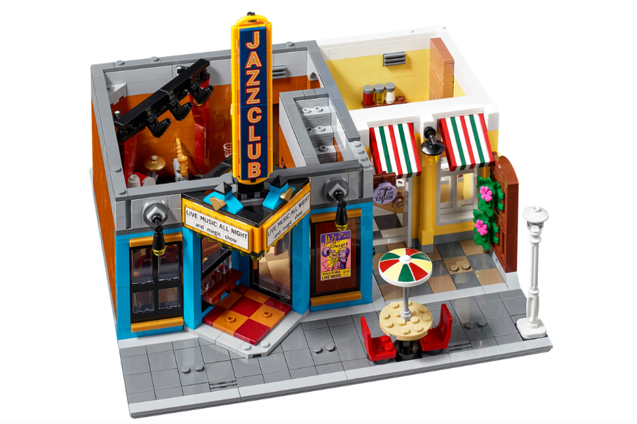 A schematic view of the LEGO jazz club, showing the various rooms and furniture layout.