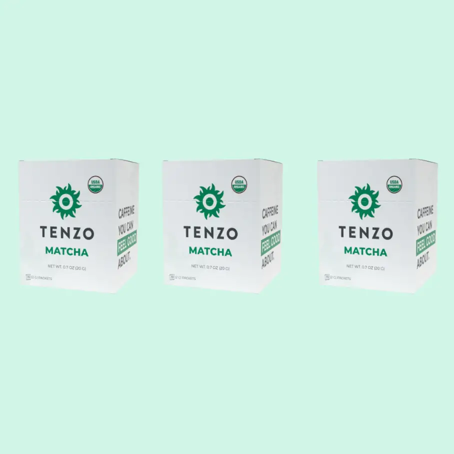 A close up of three light green Tenzo matcha packets set against a bright green background