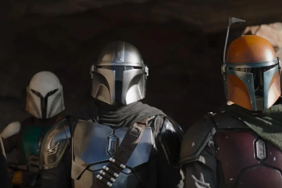 Image of three characters from Season 3 of The Mandalorian on Disney Plus.