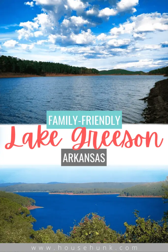 A promotional photo of Lake Greeson in Arkansas with a close up and a panoramic view of the lake and text overlay.