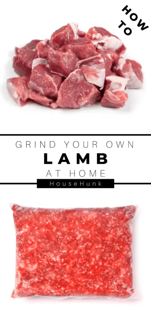 An image showing raw lamb meat and ground lamb meat with the text “How to grind your own lamb at home” and “HouseHunk”.
