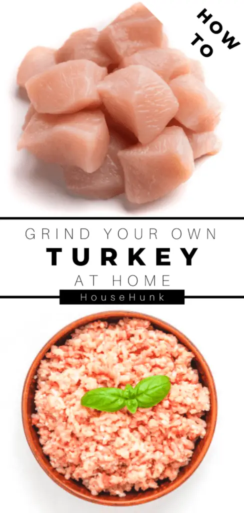 A photo realistic image of two bowls of turkey, one raw and one cooked, with text overlay that explains how to grind turkey at home.
