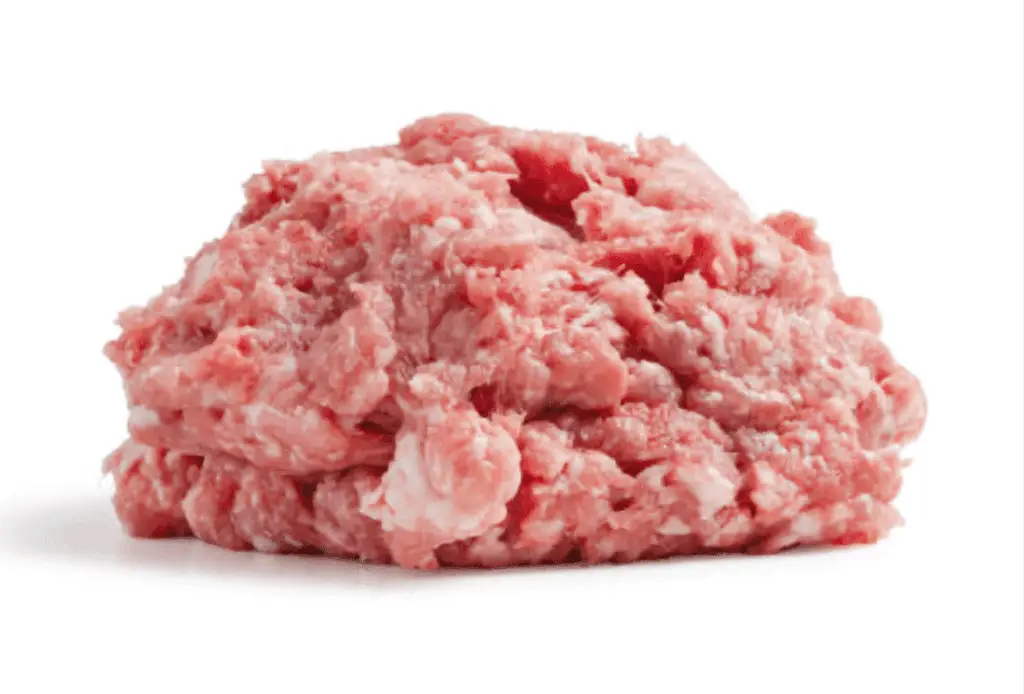 A photo realistic image of a pile of raw ground meat on a white background.